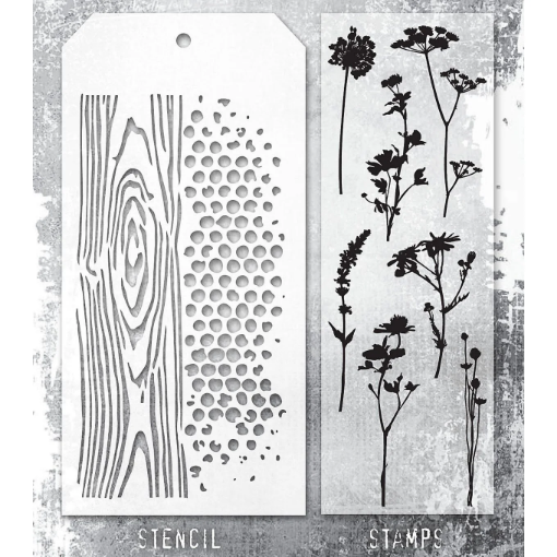Picture of Stampers Anonymous Tim Holtz Σετ με Σφραγίδες και Στένσιλ - Wildflower Silhouettes, Woodgrain, and Dot Fade,  8τεμ.   